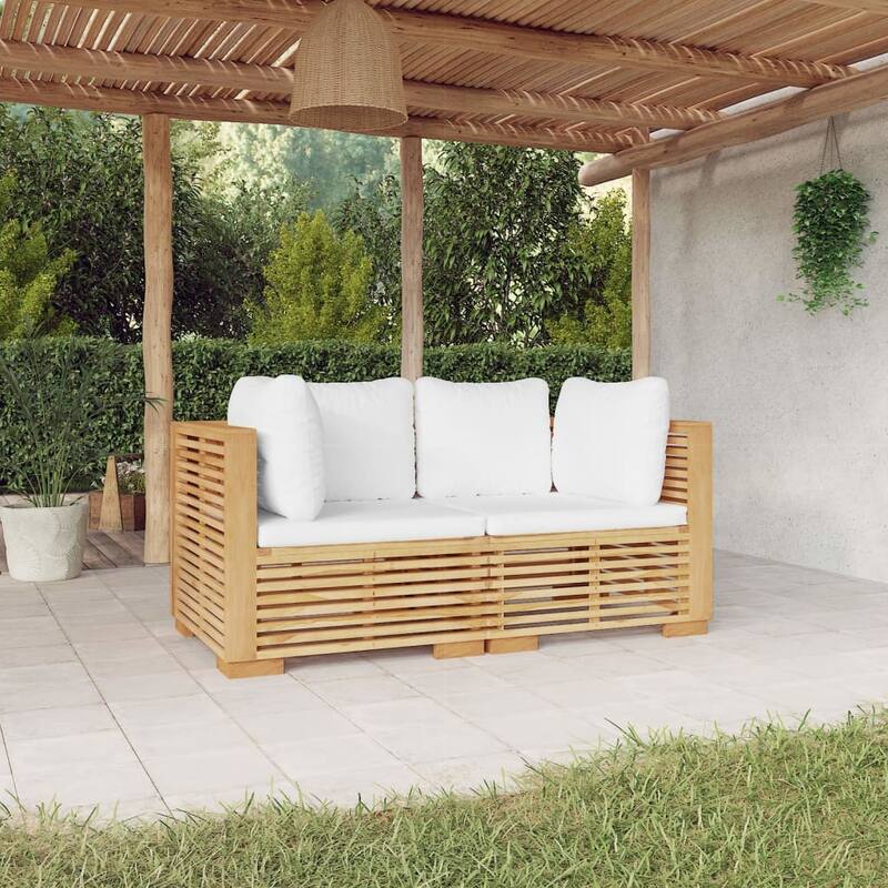 vidaXL 3 Piece Patio Lounge Set with Cushions Solid Wood Teak - 27.4" x 27.4" x 23.6" - Brown/Cream white 2 x Corner sofa