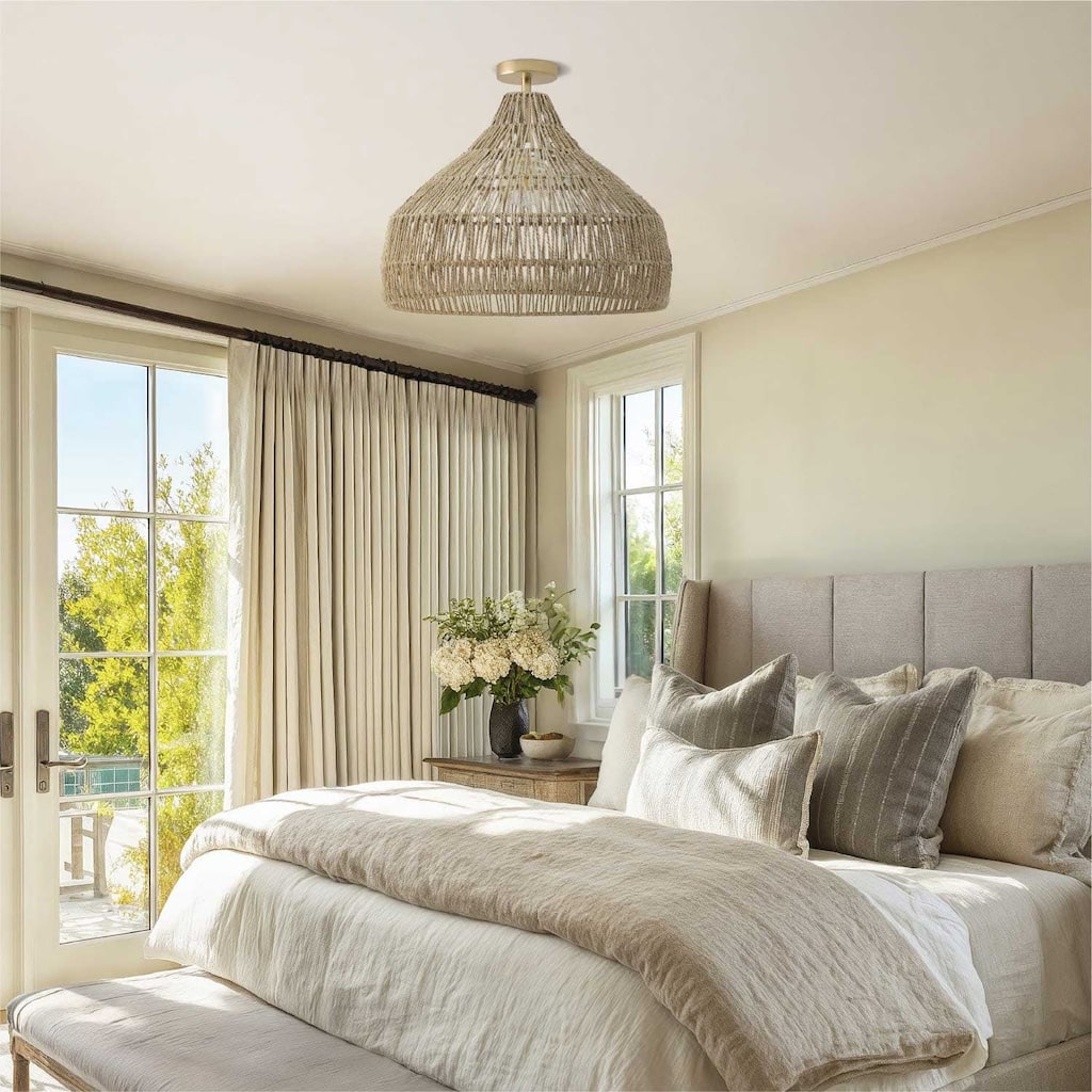 Dreamy Flush Mount Light - Palm Fibers & Brown 1-Light Dome Ceiling Light for Bedroom or Hallway in Modern, Mid-Century Style