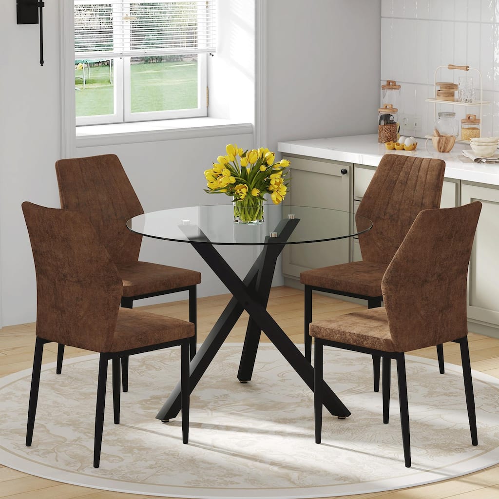 Round Dining Table Set for 4, Modern Glass Dining Room Table with 4 Chairs, 5 Piece Kitchen Table and Chairs Set for Small Space