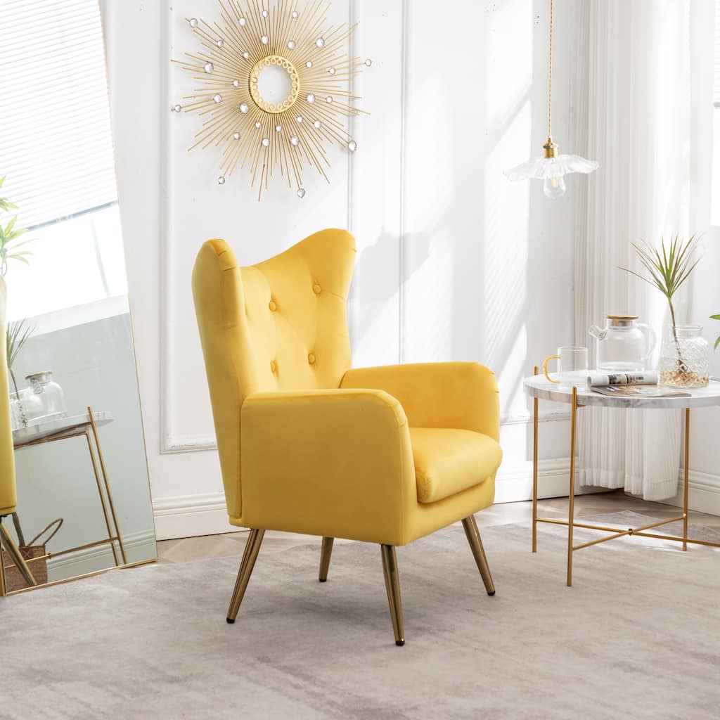 Velvet Upholstered Armchair Single Sofa Chair with Button Tufted Backrest, Yellow Dining Chair Office Chair with Metal Legs
