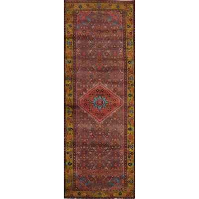 Hand Knotted Oriental 100% Wool Carpet Traditional Geometric Brown Hamedan Runner Rug - 10' 7'' X 3' 7''