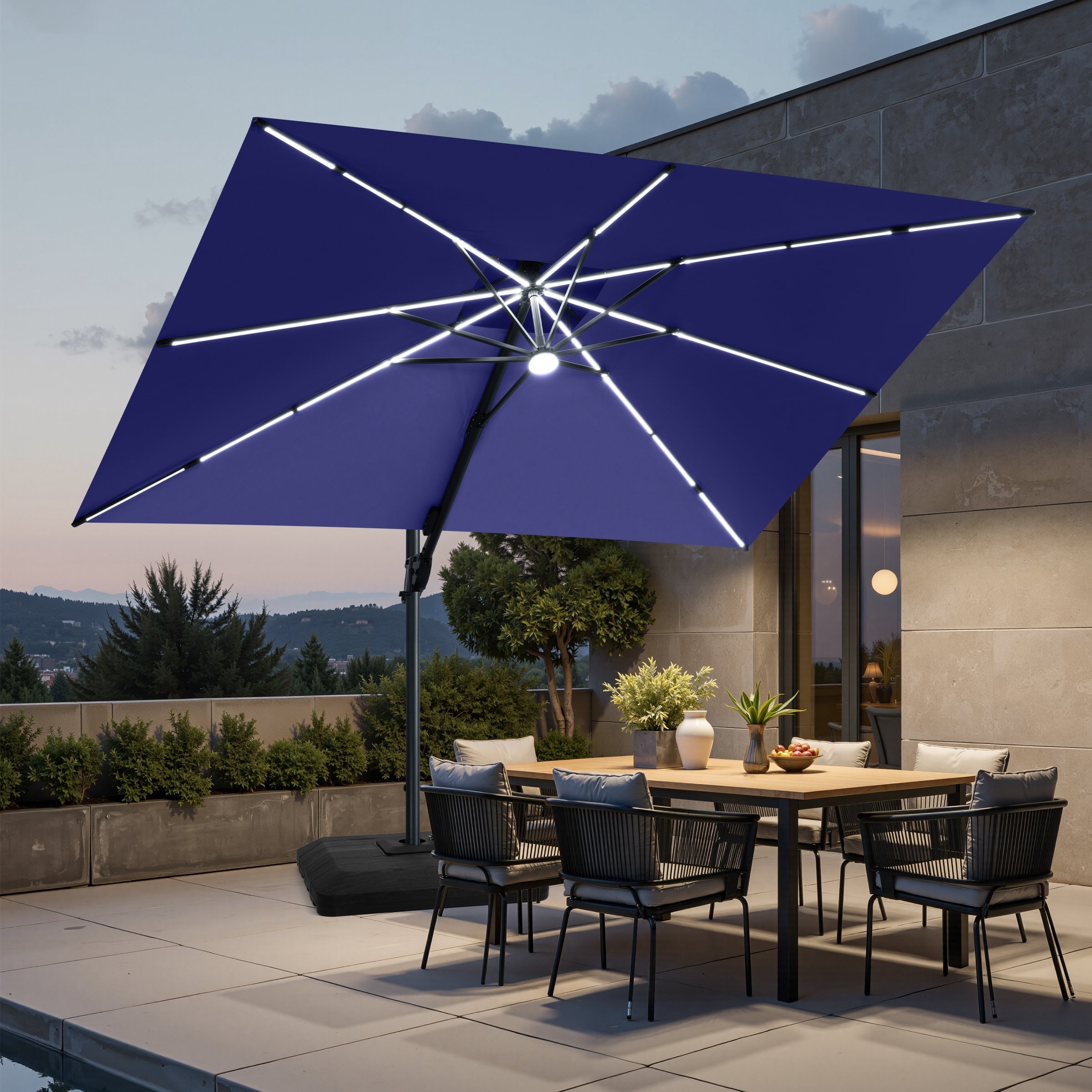 9 x 11 FT Outdoor Dual Top Solar Powered LED Aluminum Patio Cantilever Umbrella and Weighted Base