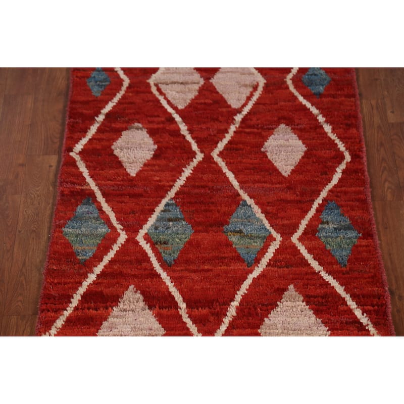 Geometric Moroccan Oriental Runner Rug Handmade Wool Carpet - 2'9" x 9'8"