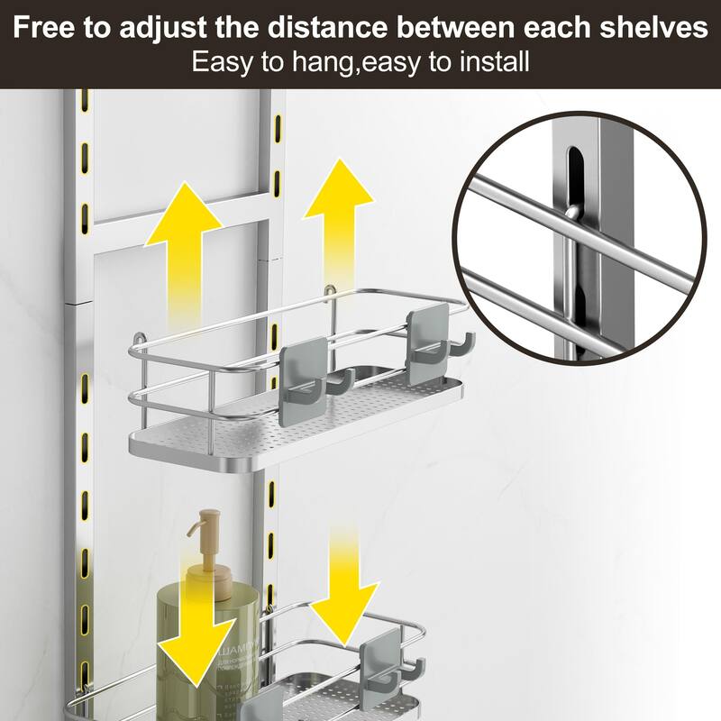 Adjustable Hanging Over the Shower Door Caddy,Bathroom Organizer Shelf Storage with 4 Hooks for Razor - Silver-4 Pack
