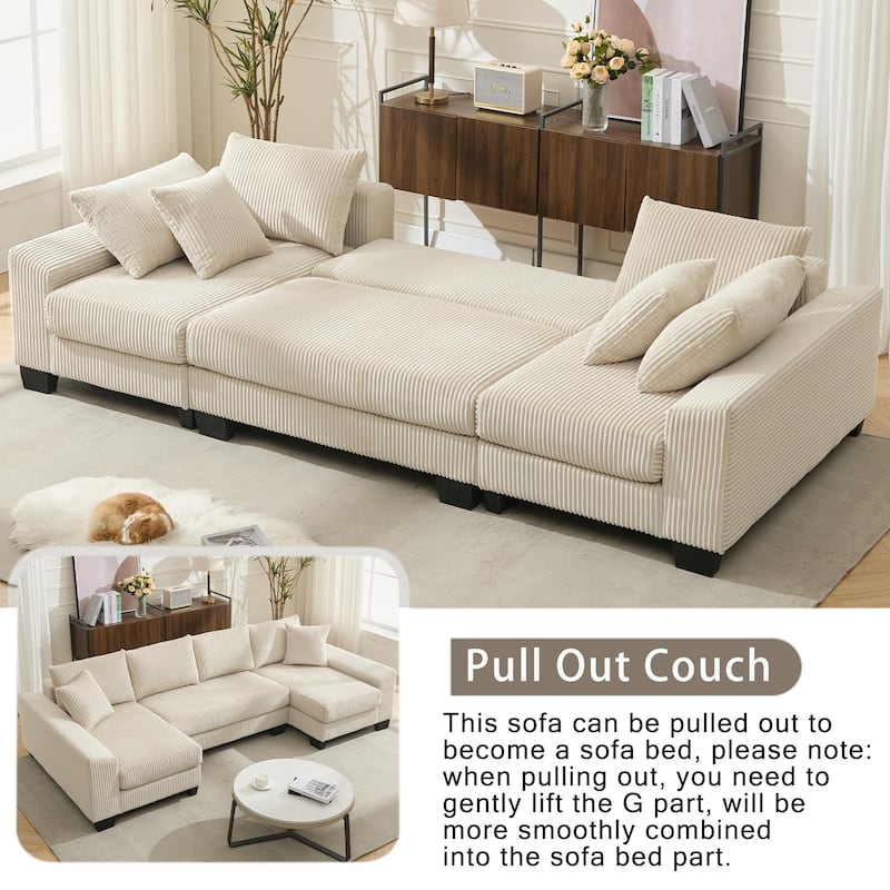 U Shaped Sofa Convertible Pull Out Sleeper Sofa Bed, 2 in 1 Recliner Sectional Couch, Corduroy Upholstery Daybed with Pillow