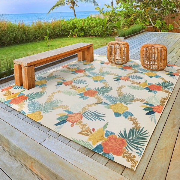 Reyn Spooner Fresco Laka Ivory/Blue/Yellow Floral Lei Flatweave Indoor ...