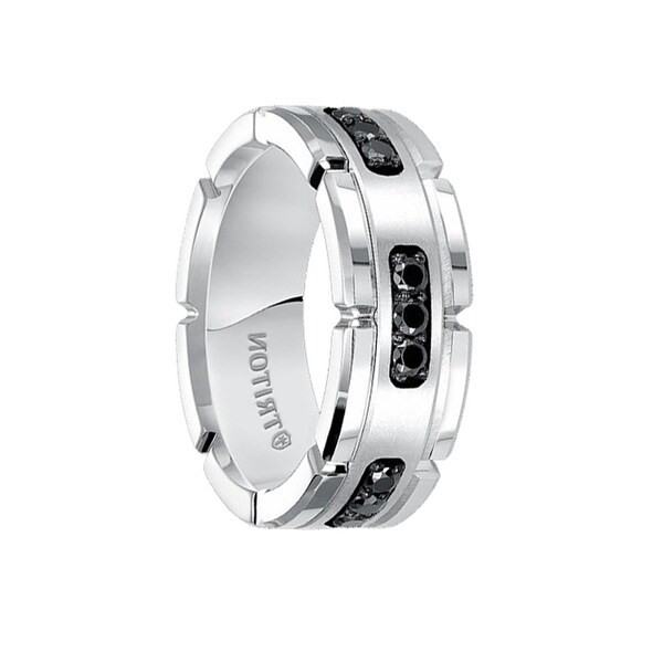 Kenzo White Tungsten Ring With Silver Inlay Black Diamonds By Kenzo White Tungsten Ring With Silver Inlay Black Diamonds By Triton Rings 8mm