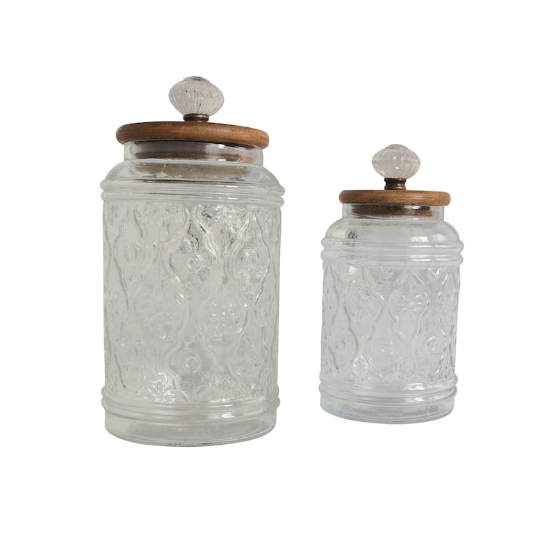 Clear Glass Floral Living Room Decorative Jars with Brown Wooden Lids and Antique Style Knobs (Set of 2)