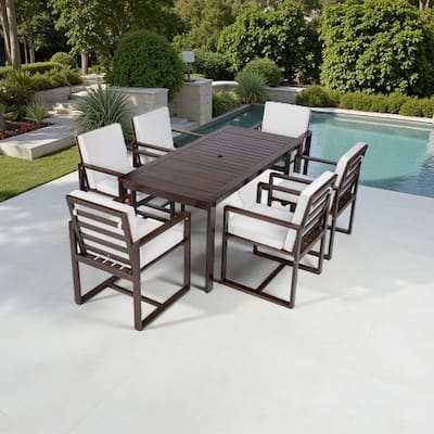 7-Piece Outdoor Acacia Wood Dining Set with Removable Cushions, Rectangular Table and Armchairs