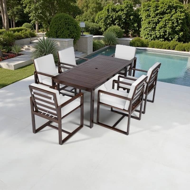 7-Piece Outdoor Acacia Wood Dining Set with Removable Cushions, Rectangular Table and Armchairs