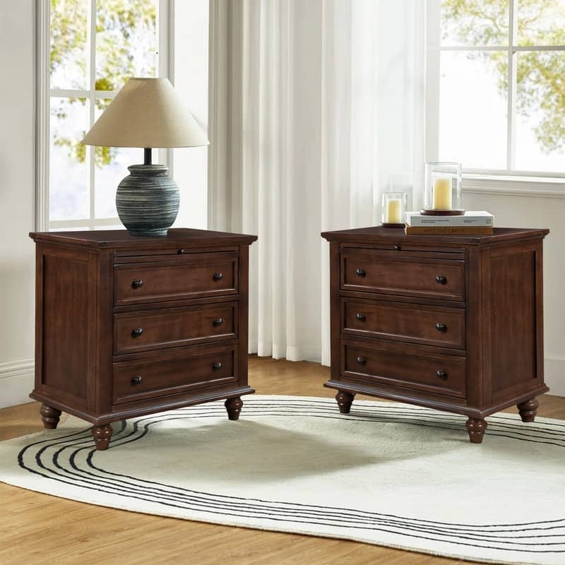 Modern 3-Drawer Nightstand (Set of 2) with Pull Out Tray for Organized Living Spaces