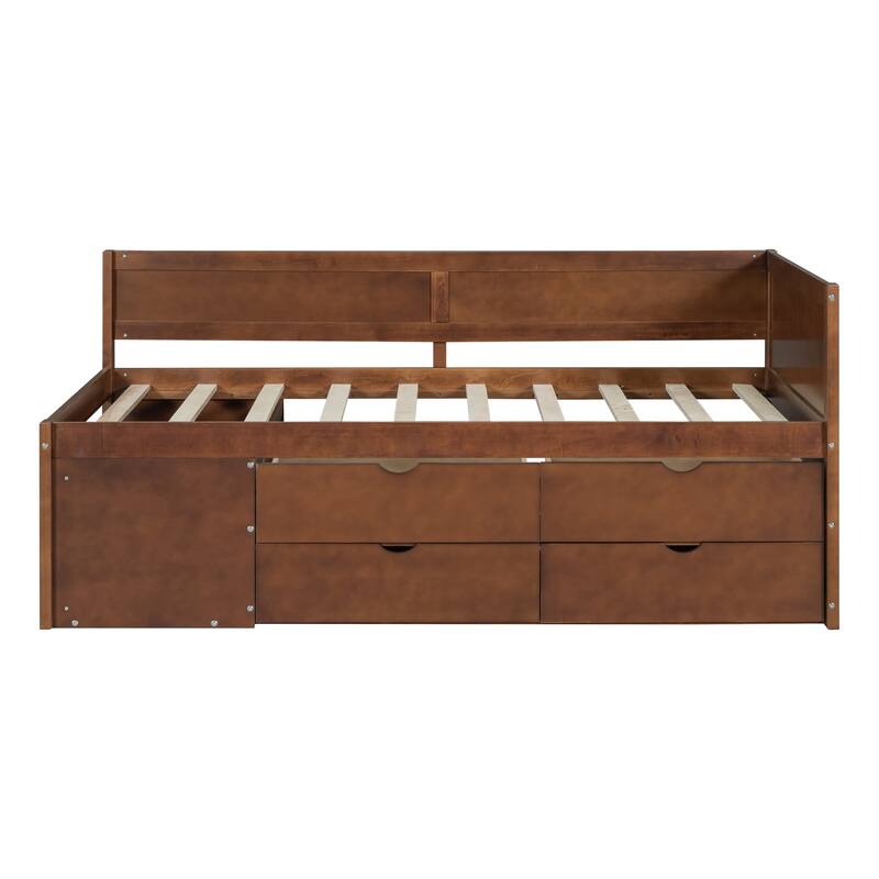 Daybed w/ 3 Storage Shelves, 4 Drawers, Wooden Platform Bed Frame