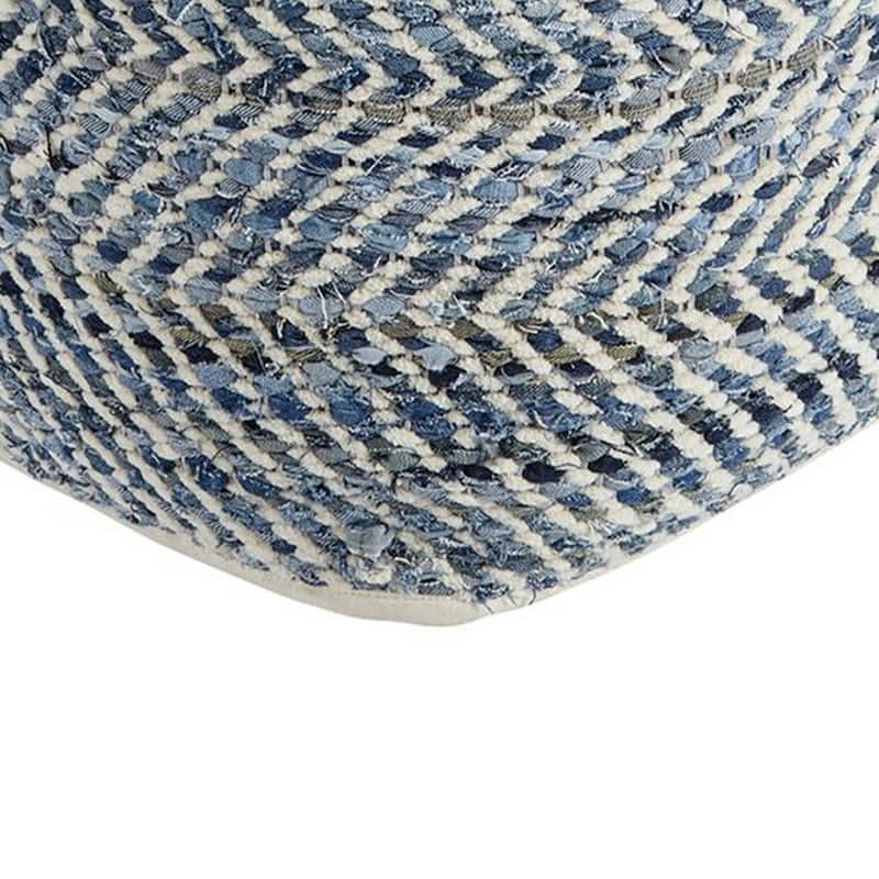 Fabric Round Shaped Pouf with Chevron Pattern, Blue