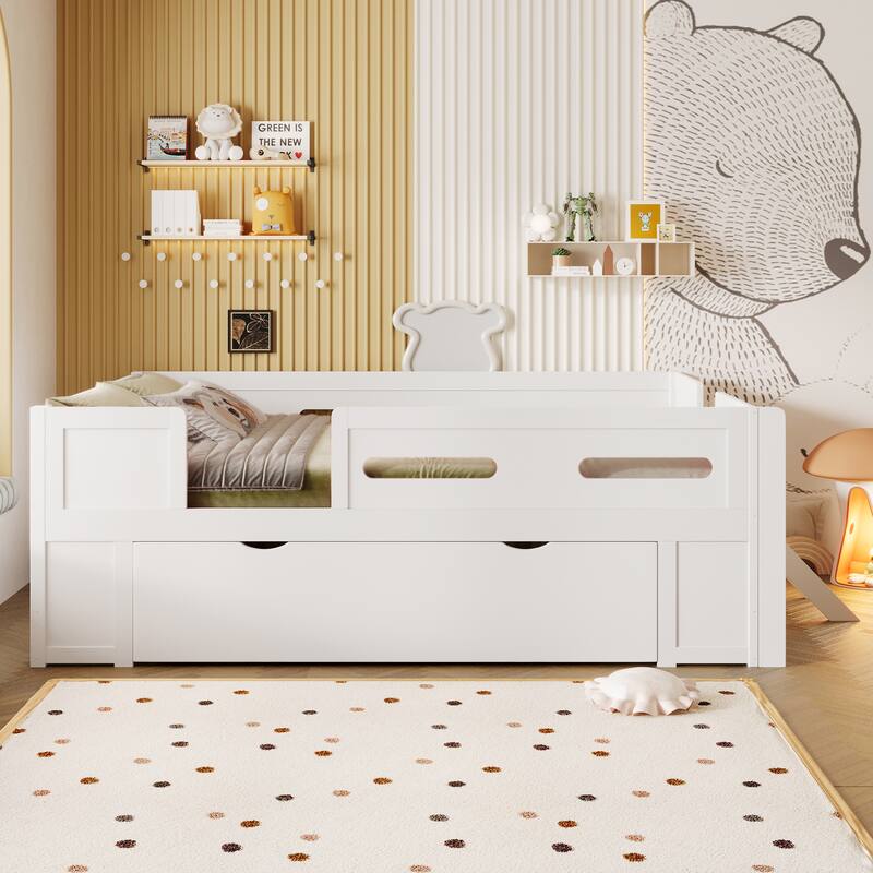 Roomfitters Full/Twin Size Wood Platform Bed with Underbed Storage Drawer and Safety Guardrails, Modern Low Loft Frame - White - Twin