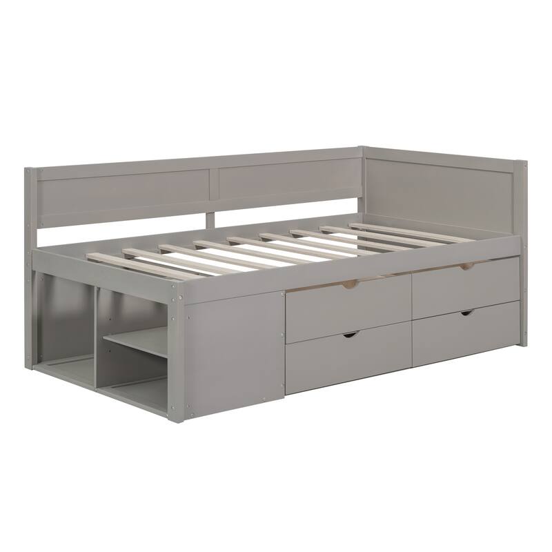 Daybed w/ 3 Storage Shelves, 4 Drawers, Wooden Platform Bed Frame