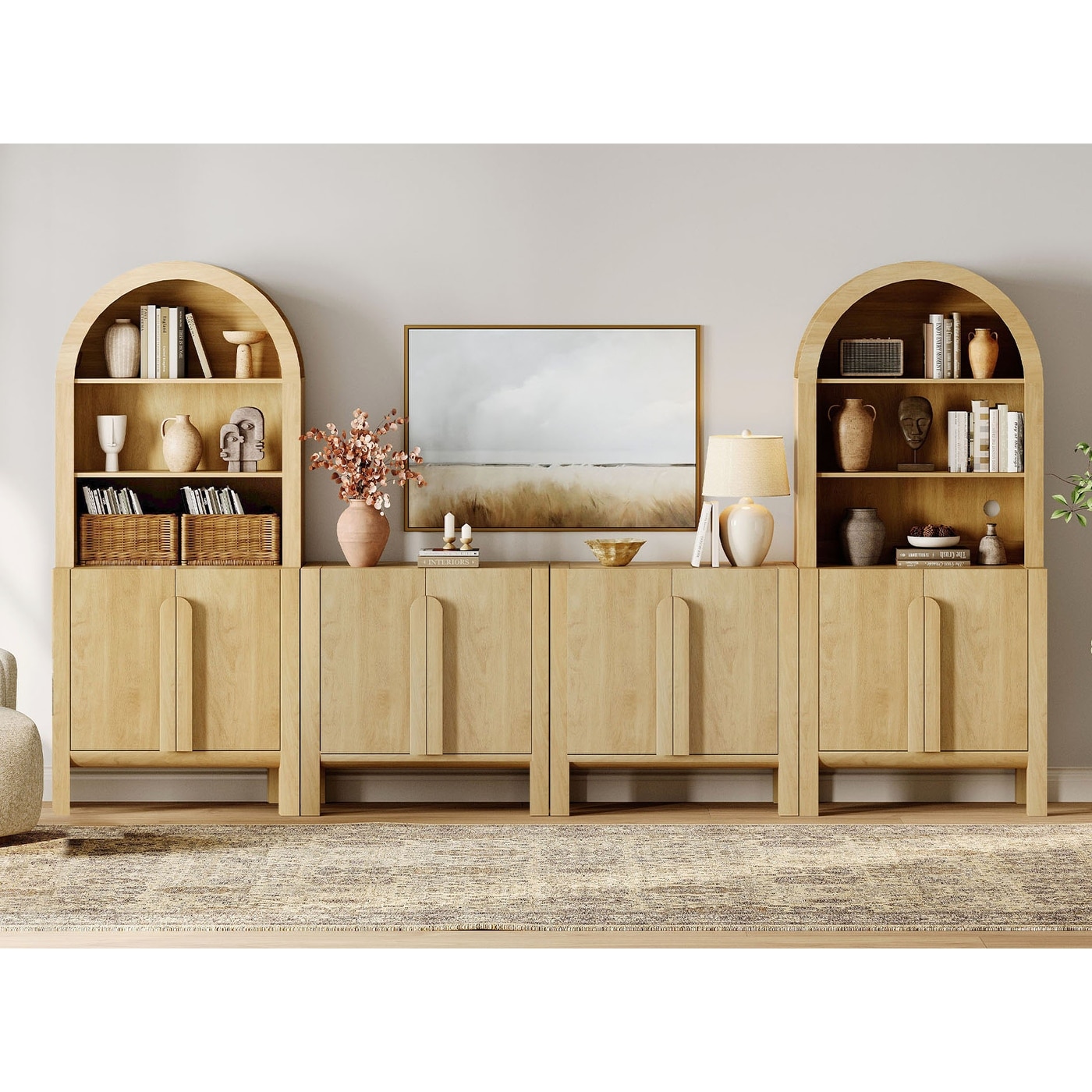 71"H X 126"W Tall Arched Bookshelf with 4 Cabinets and 8 Doors, Modern 10-Tier Bookcase with Open Storage