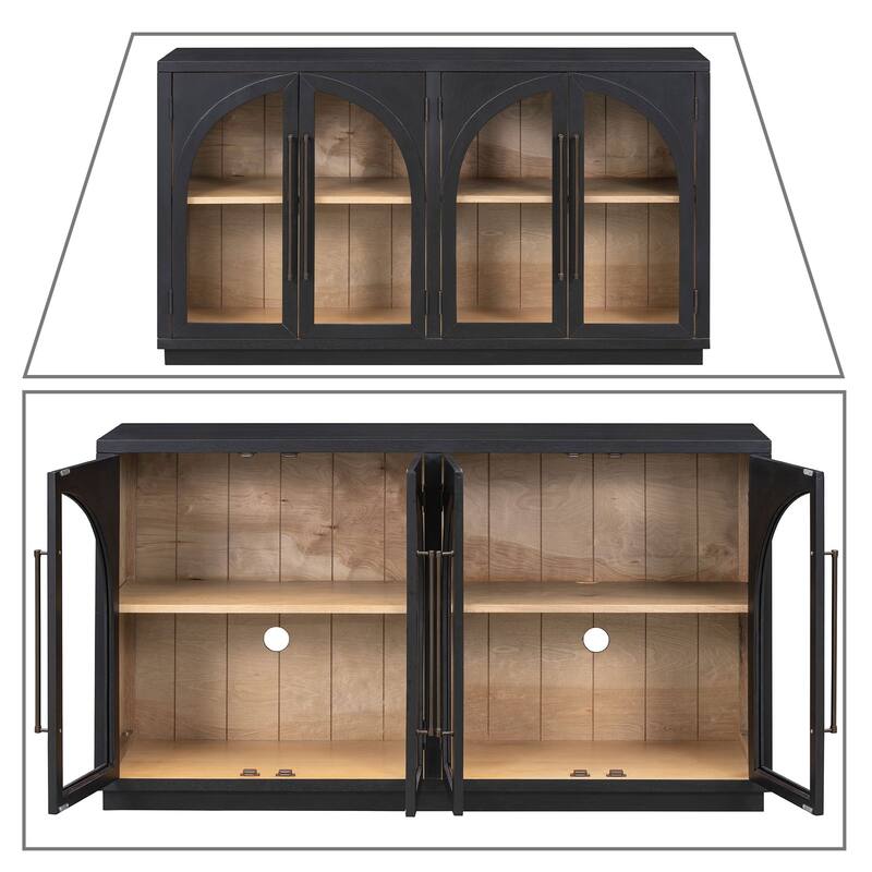 Retro Freestanding 4 Glass Door Wooden Sideboard Storage Buffet Cabinet