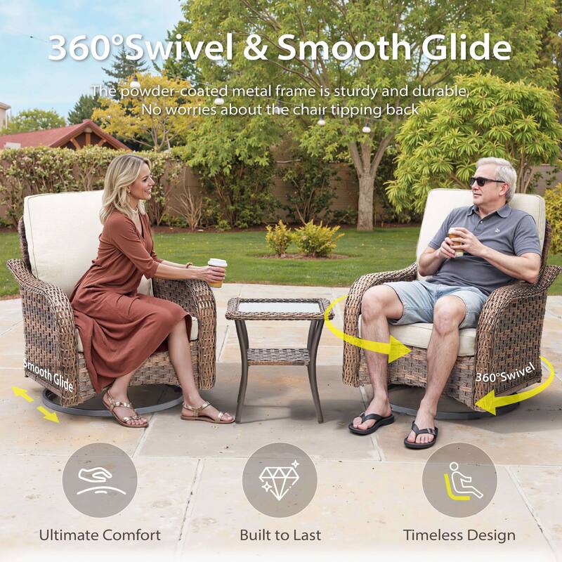 Cavira Brown Wicker Outdoor Patio Swivel Glider Chairs with Olefin Cushions (2-Pack)