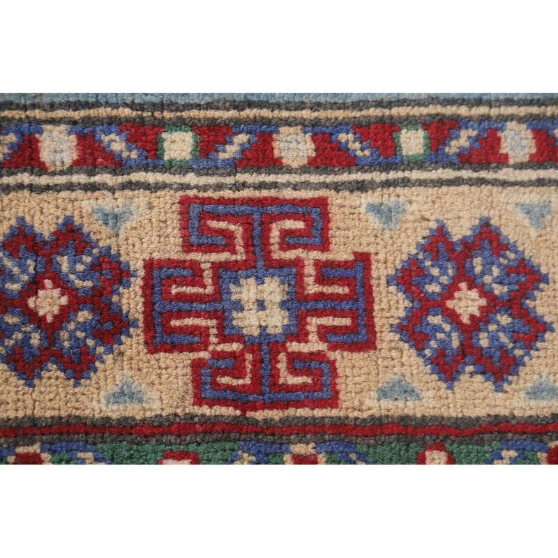 Hand Knotted Oriental 100% Wool Carpet Traditional Geometric Navy Blue & Blues Kazak Area Rug - 6' 4'' X 2' 9''