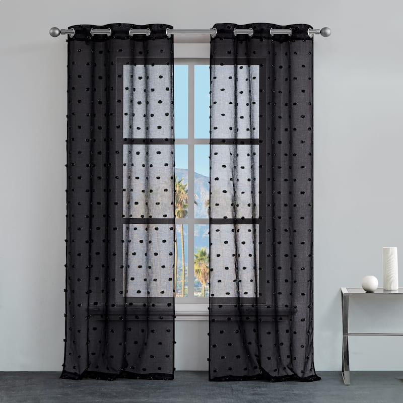 Juicy Couture Evelyn Sheer Pom Pom Embroidered Grommet Window Curtain Panel Pair.