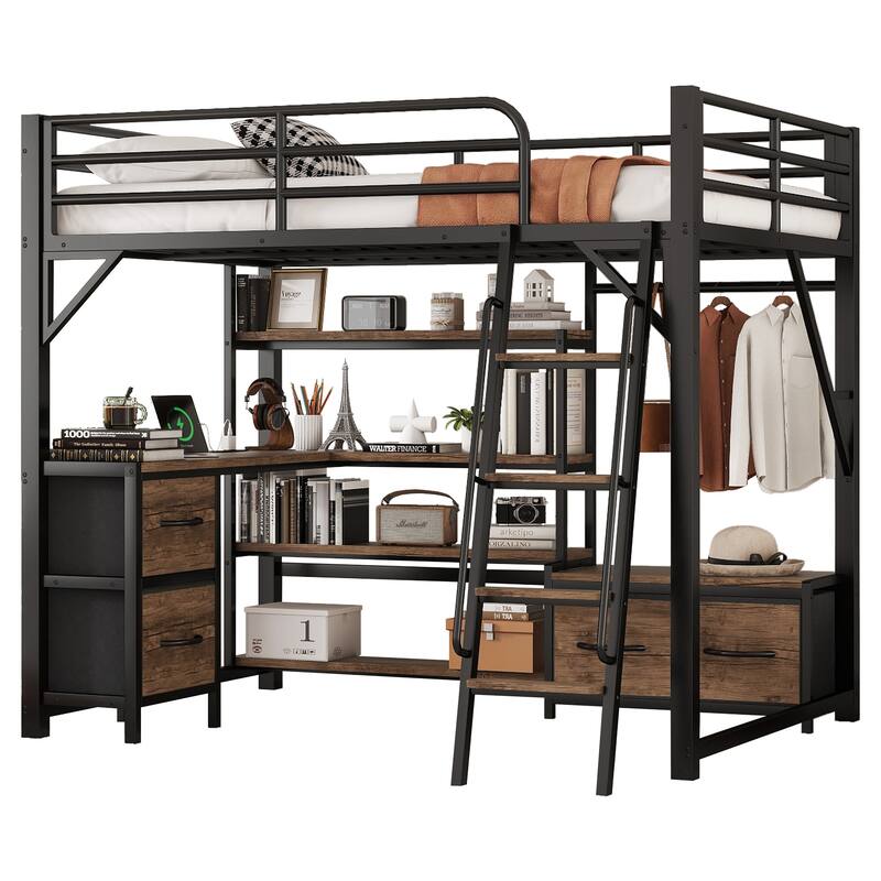 Roomfitters Full Loft Platform Bed, LED Charging Desk and Wardrobe Shelves with Metal Frame for Bedroom or Guest Room, Black