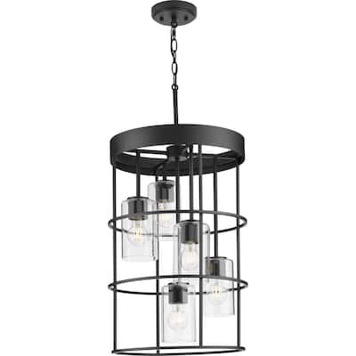 Burgess Collection Five-Light Matte Black Modern Farmhouse Hall & Foyer Light - 15.5 in x 15.5 in x 23.62 in
