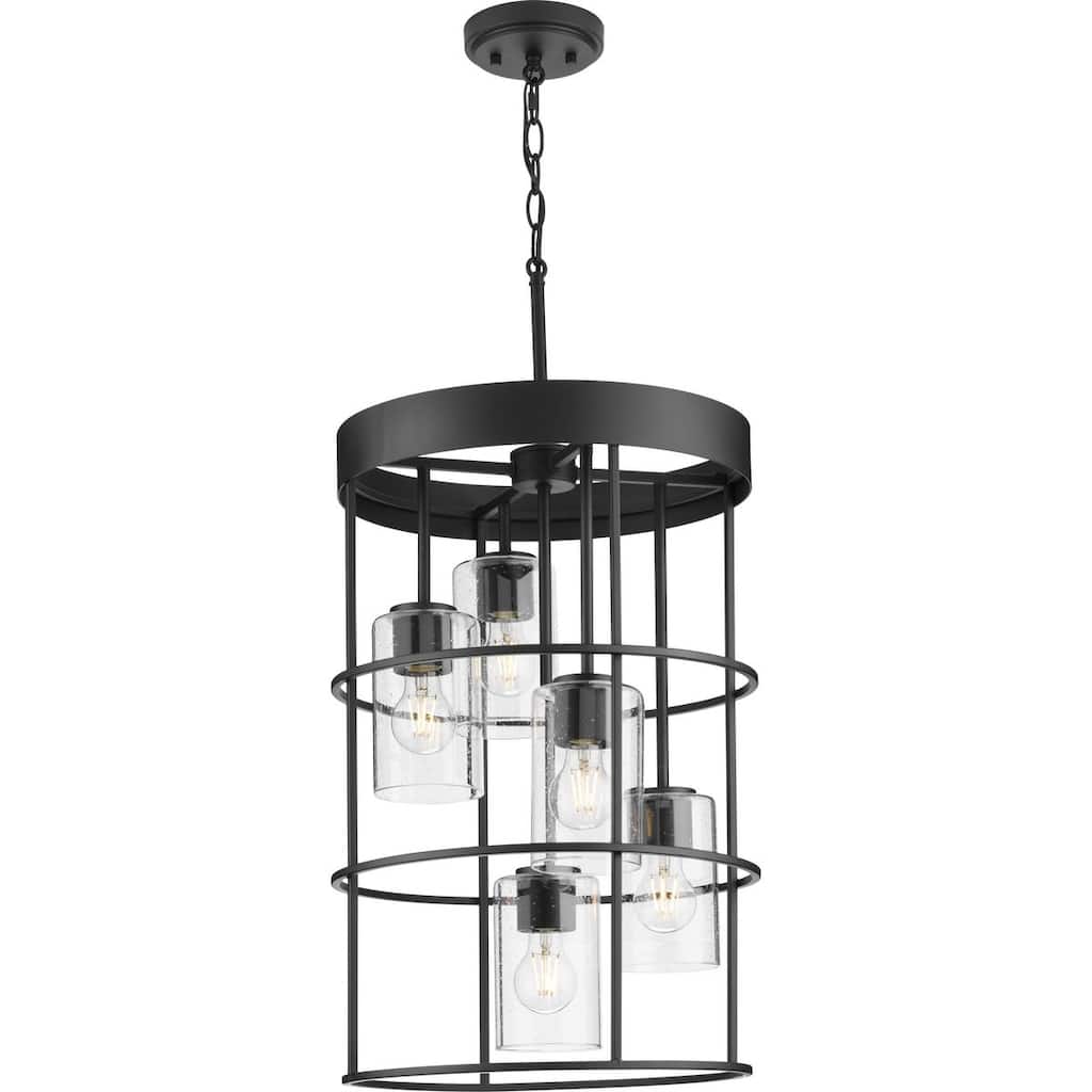 Burgess Collection Five-Light Matte Black Modern Farmhouse Hall & Foyer Light - 15.5 in x 15.5 in x 23.62 in