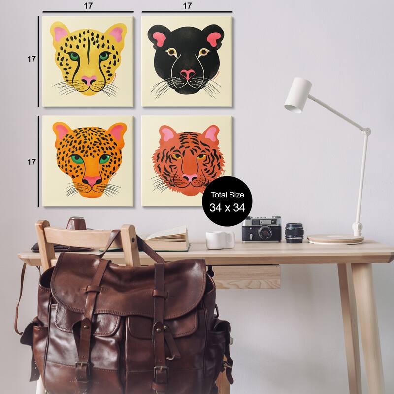 Stupell Modern Jungle Wildlife Faces Canvas Wall Art Design By Carrie Cantwell (Set of 4)
