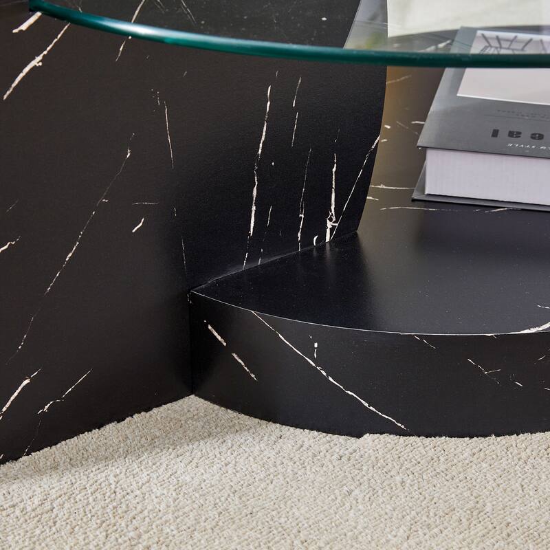 Roomfitters Double Layer Coffee Table with White Marble and Wood Grain Finish, Artistic Modern Design