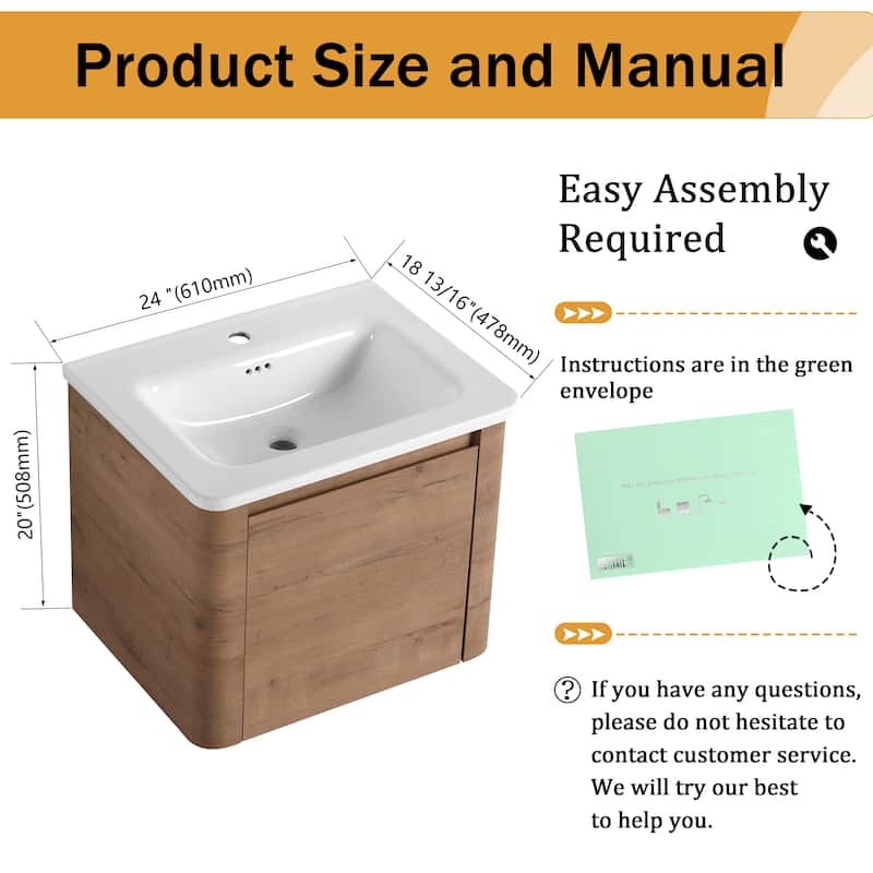 Malwee 24"/36"/48"/60" Floating Bathroom Vanity, Wall Mounted Bathroom Vanity with Ceramic Sink,Soft Close Door and Shelf