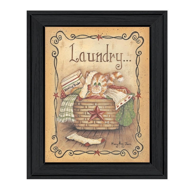 TrendyDecor4U Farmhouse "Laundry" Framed Print Wall Art by Mary Ann June - Brown, Tan, Yellow