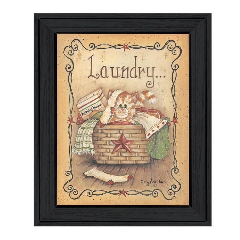 TrendyDecor4U Farmhouse "Laundry" Framed Print Wall Art by Mary Ann June - Brown, Tan, Yellow - Charcoal