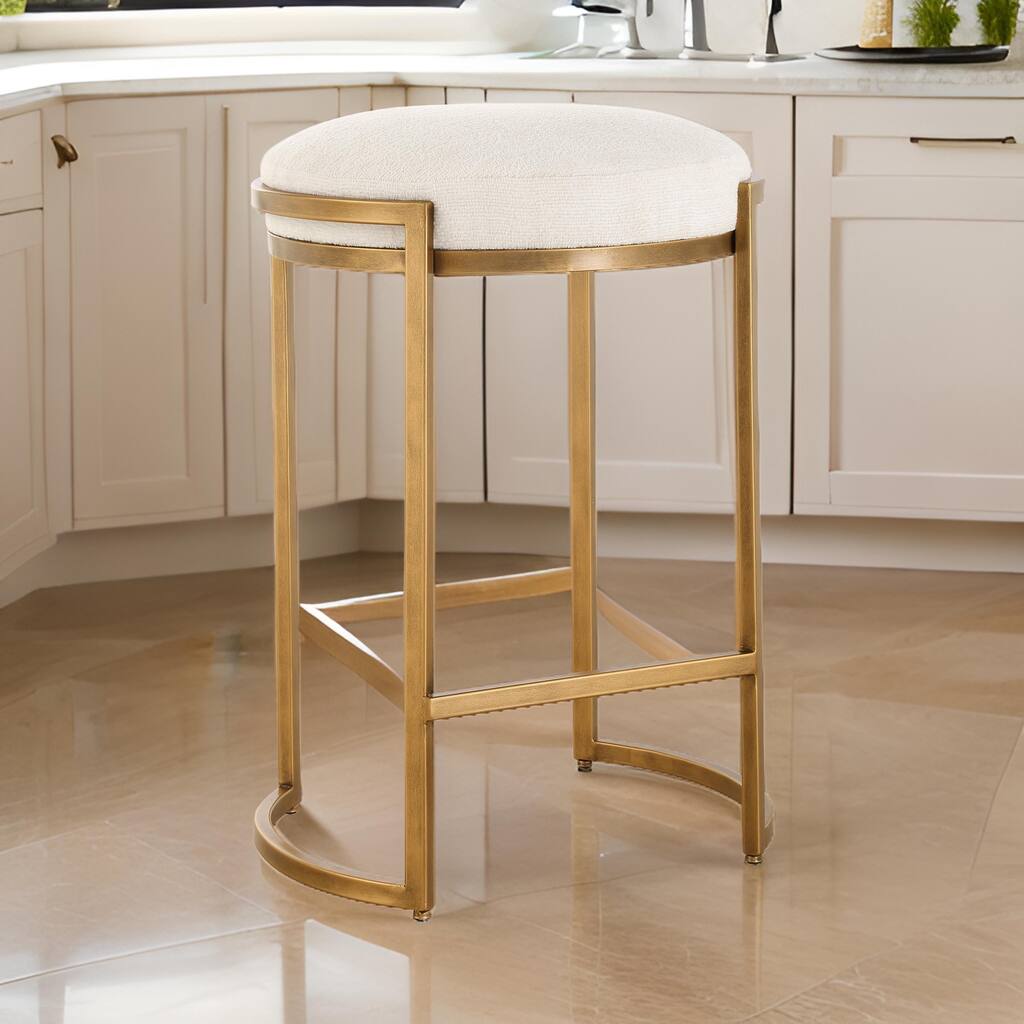 Fyn Counter Height Stool, Round Cream Fabric Seat, Brass Cantilever Base