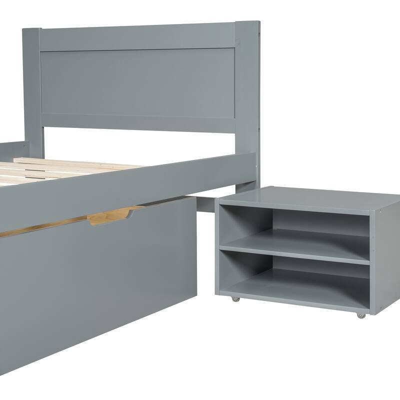Platform bed with drawers and two shelves