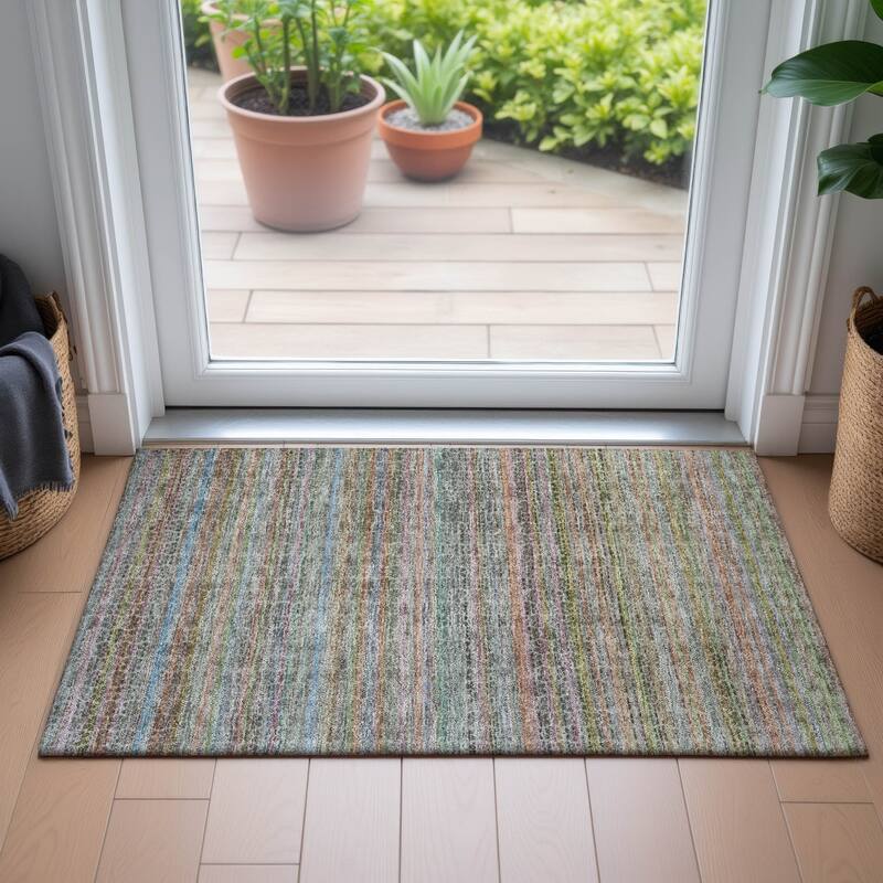 Machine Washable Indoor/Outdoor Transitional Striped Chantille Rug