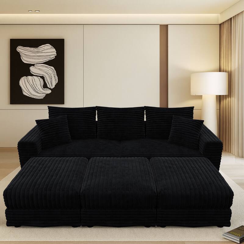 Modern Corduroy Fabric Upholstered Sectional Sofa with Ottoman - Black-3 Seater with 3 Ottoman