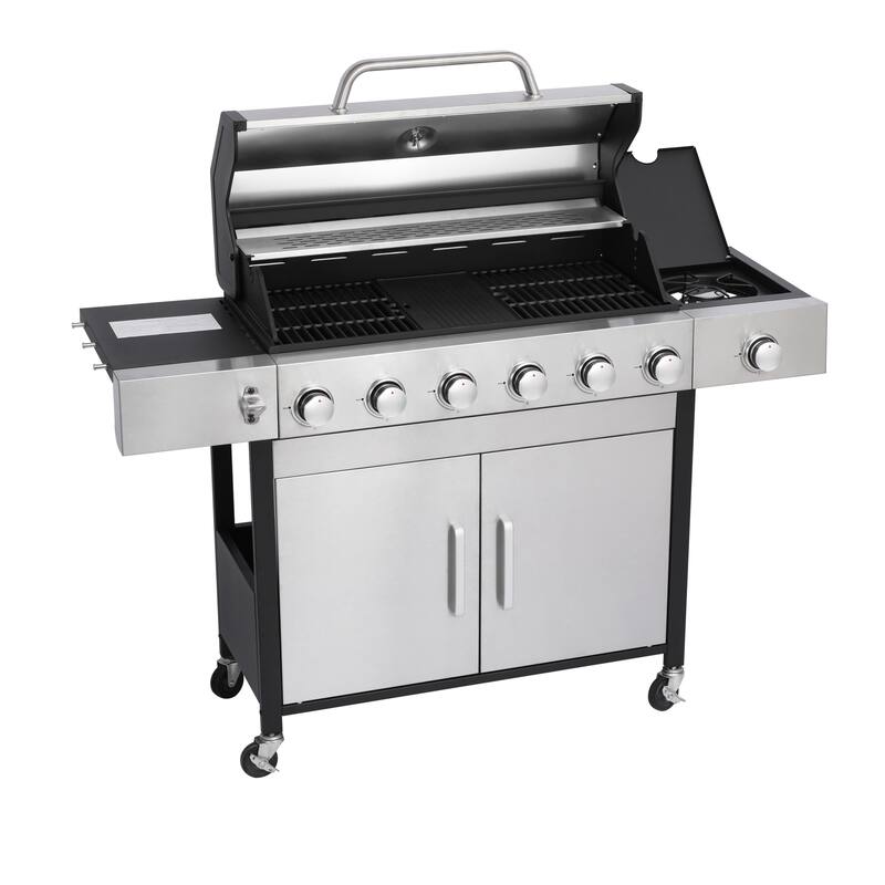6-Burner Propane Gas Grill with Side Burner & Caster, Outdoor BBQ Grill Stainless with Steel Control Panel for Picnic