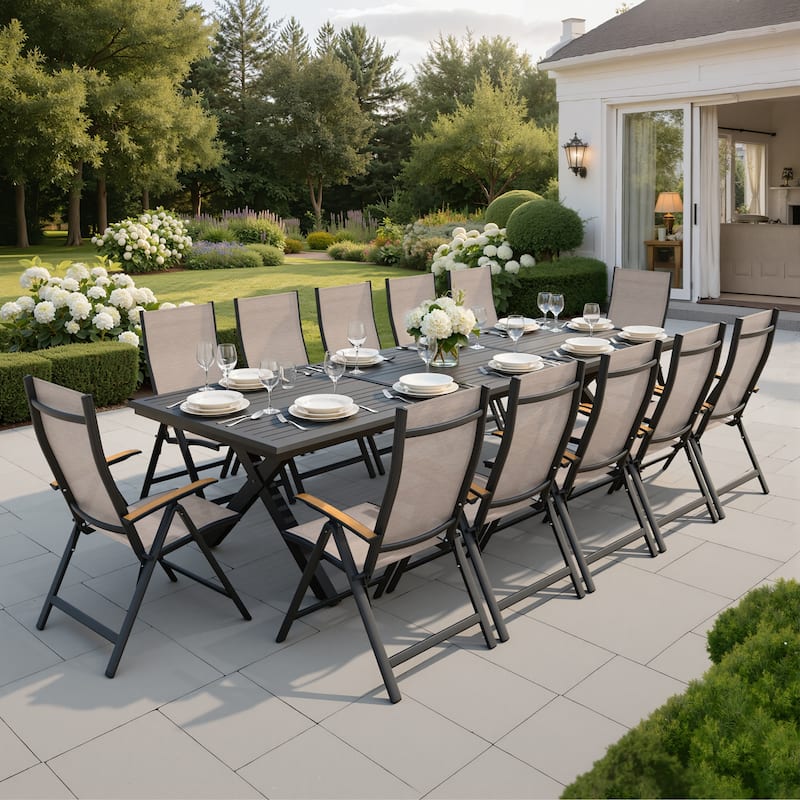 7/9/13/15-Piece Outdoor Patio Dining Set All-weather Aluminum Dining Table with Umbrella Hole and Adjustable Folding Chairs - Black Table with Espresso Chairs - 118 inches long