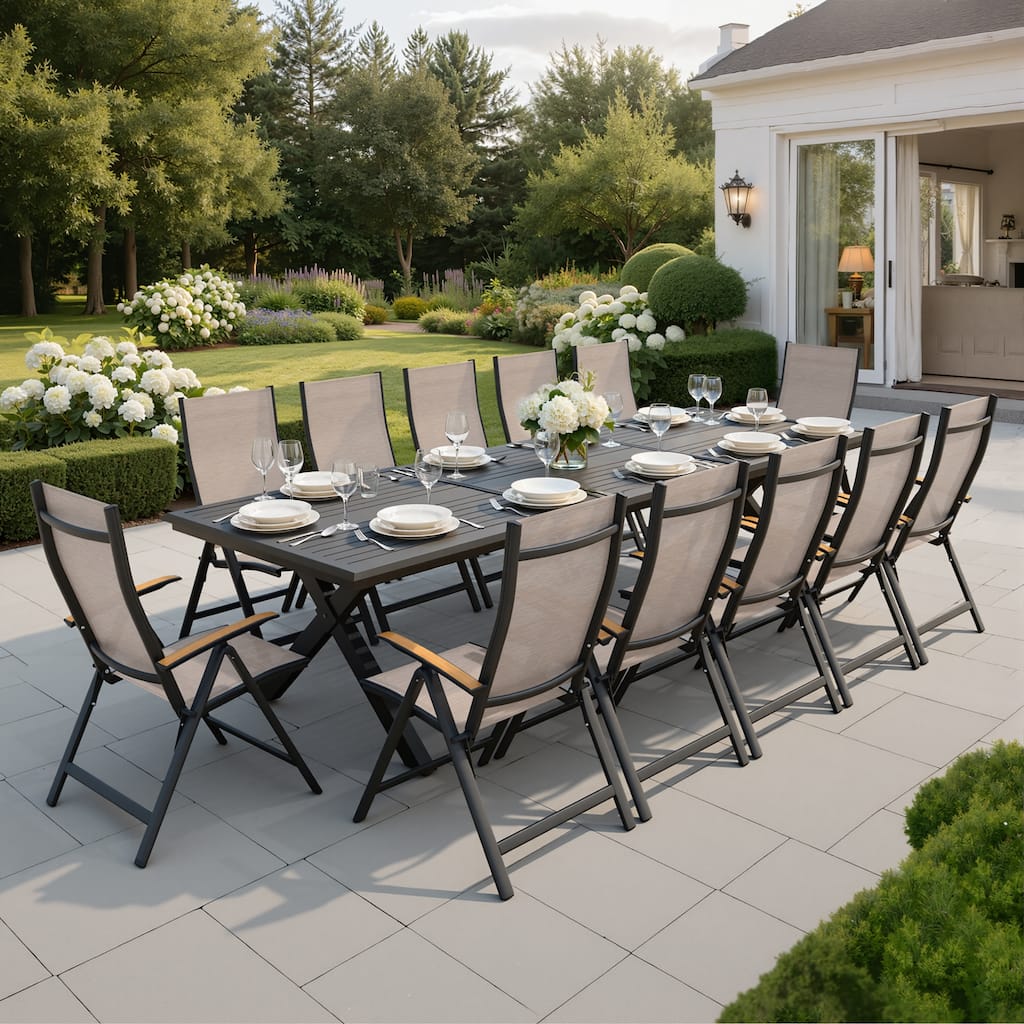 7/9/13/15-Piece Outdoor Patio Dining Set All-weather Aluminum Dining Table with Umbrella Hole and Adjustable Folding Chairs