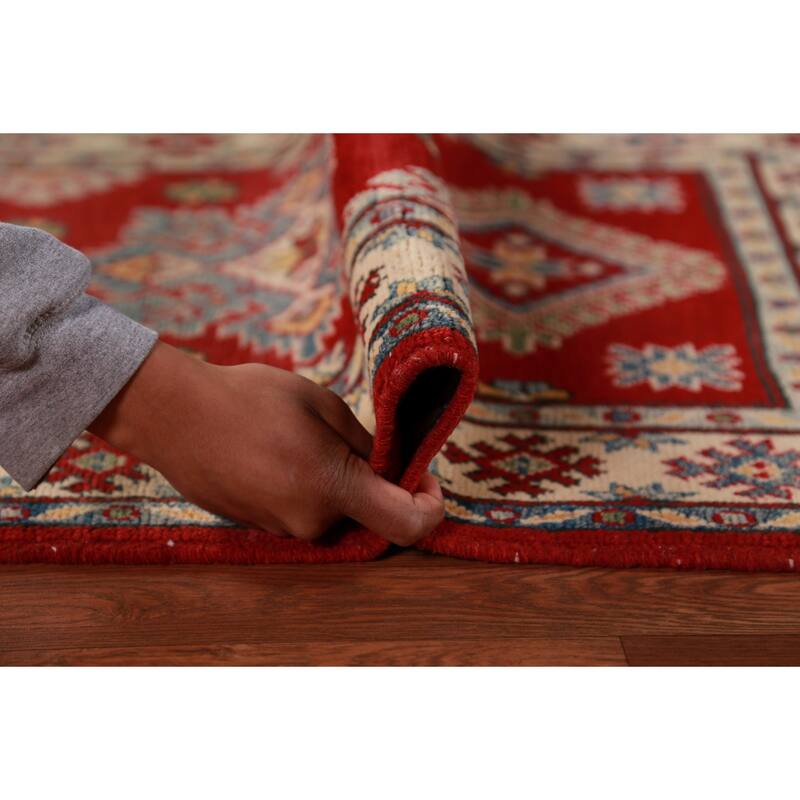 Red Geometric Kazak Oriental Foyer Rug Hand-Knotted Wool Carpet - 2'9"x 4'6"