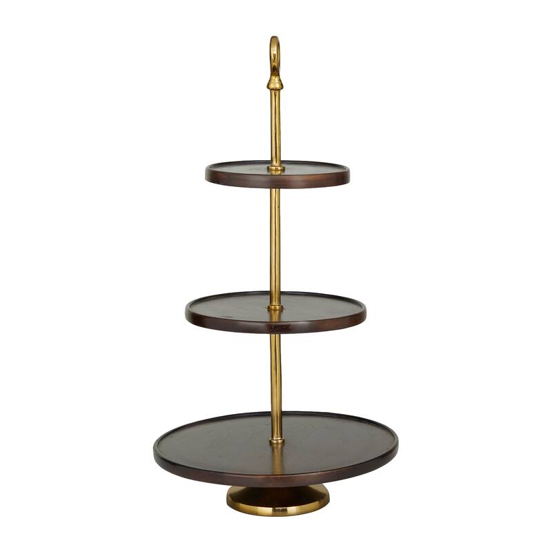 Dark Brown Mango Wood Tiered Server with Aluminum Bases or Gold Stand - 2 Tier or 3 Tier