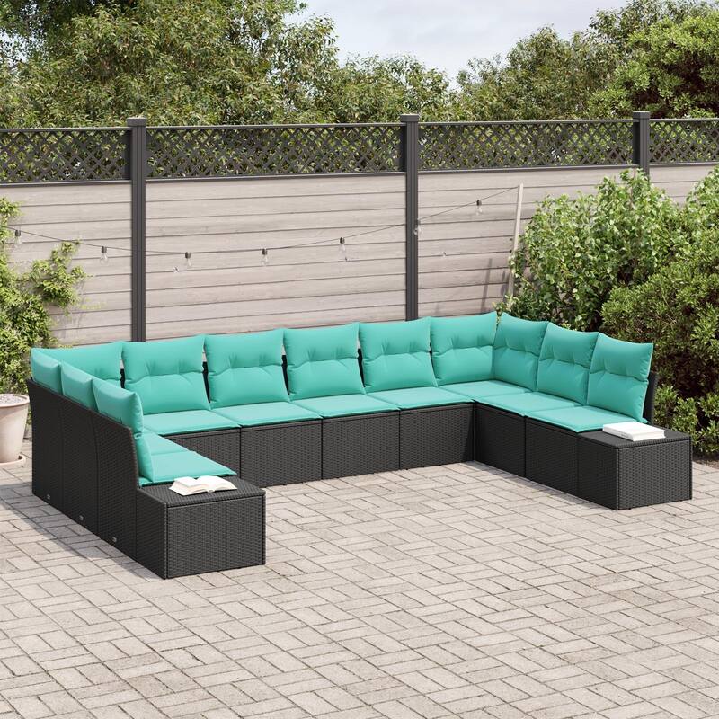 vidaXL 11 Garden Sofa Set with Cushions Black Poly Rattan - 135.4 x 82.3 x 27.2