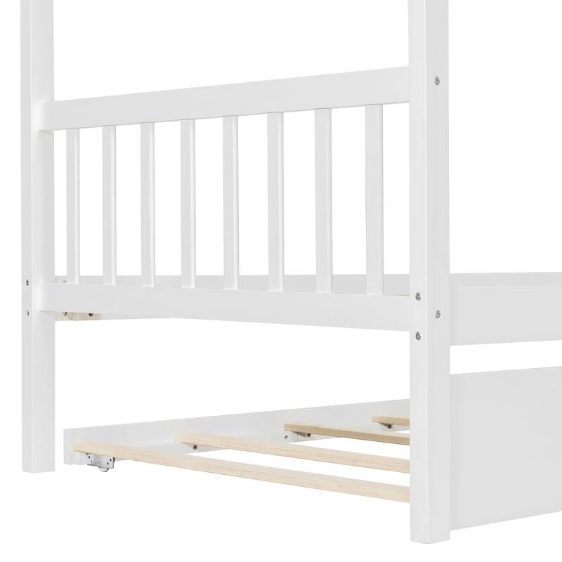 Kids Roof Platform Bed with Trundle, Twin Size House Bed Wooden Daybed Frame with Headboard and Bedtailboard for Boys, Girls