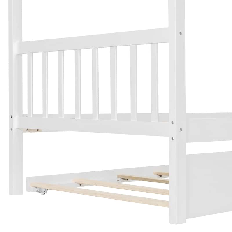 Twin Size Wooden House Bed with Pull-Out Trundle, White