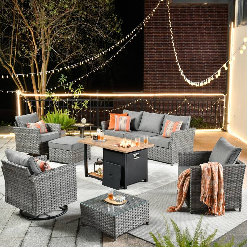 HOOOWOOO 10-piece Outdoor Grey Wicker Patio Furniture Set with Fire Pit Table - Dark Grey