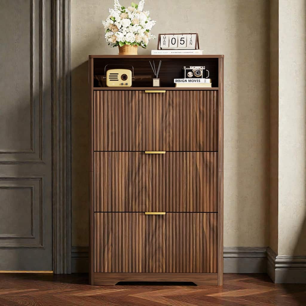 Tall Shoe Cabinet with 3 Flip Drawers, Hidden Entryway Shoe Storage Organizer for Hallway, Foyer, Slim Free-Standing Rack