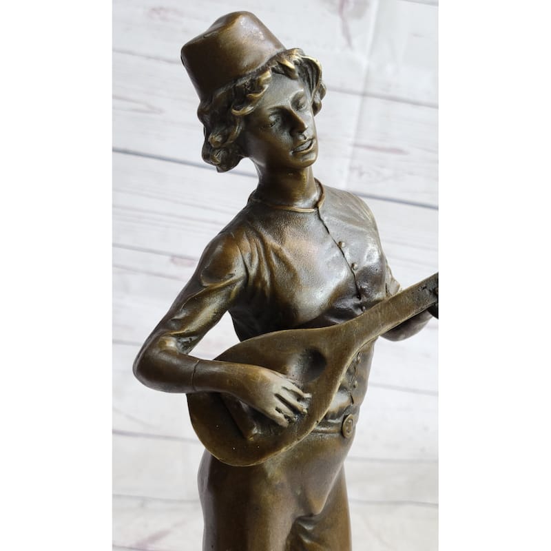 Mandolin Banjo Player Guitar Musician Bronze Sculpture Statue Figure Marble Base 17 Inches X 4.5 Inches