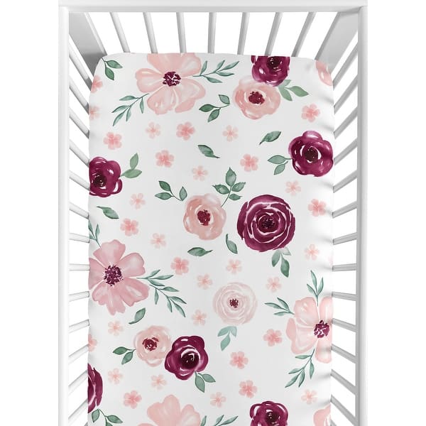 slide 2 of 6, Burgundy and Pink Watercolor Floral Girl Fitted Crib Sheet - Blush Maroon Wine Rose Green and White Shabby Chic Flower Farmhouse