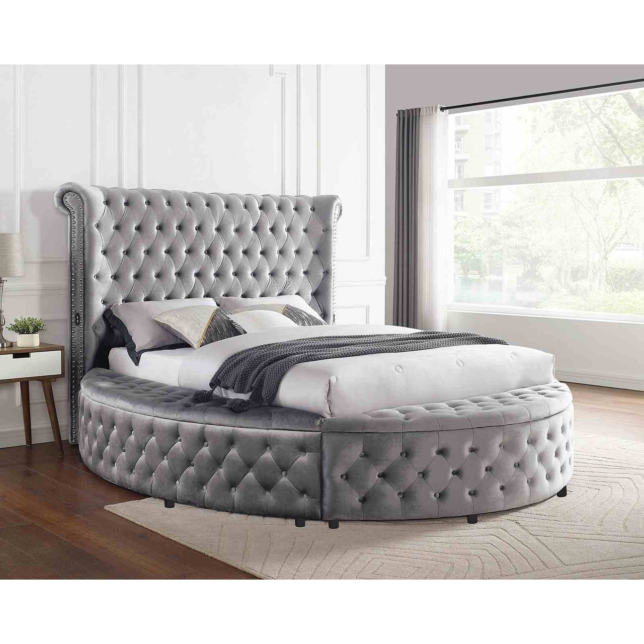 Glam Gray Finish 1PC Wingback Storage Fully Upholstered Bed USB