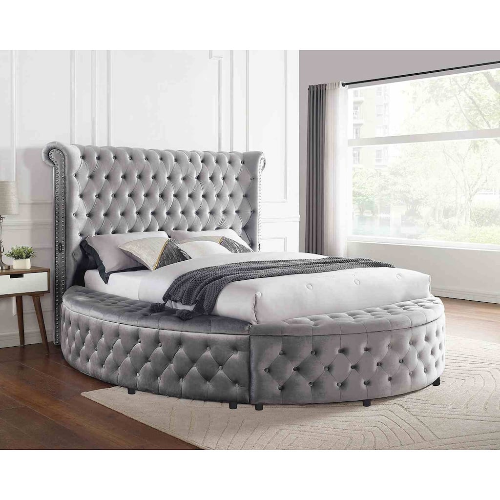 Glam Gray Finish 1PC Wingback Storage Fully Upholstered Bed USB
